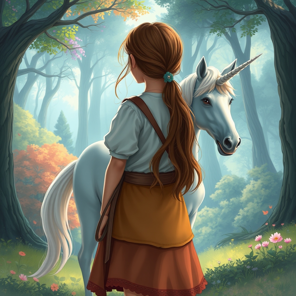 یک دختری از پشت رو بروی یک جنگل زیبا ایستاده است و یک اسب تک شاخ در کنار او ایستاده است23
