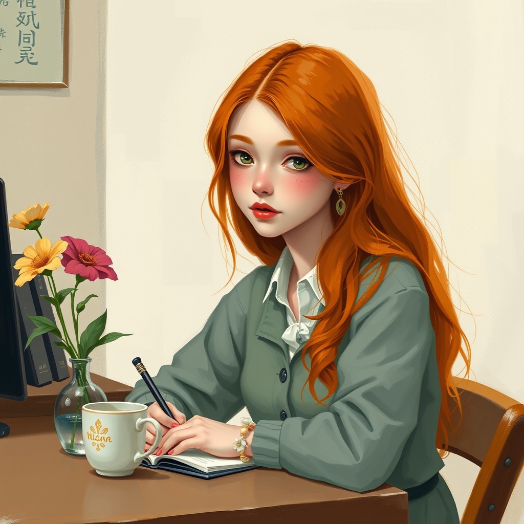 دختر با موهای بلند فر دار   به رنگ نارنجی  لباس استایل روزانه بر تن دارد و لبی همچون گل قرمز و گونه های پر از کک و مک  چشمانی به رنگ کمیاب و در حال نوشتن 
روی میز  که  یک فنجان  و یک گلدان گل وجود داشته باشه به سبک پست امپرسیونیسم 23
