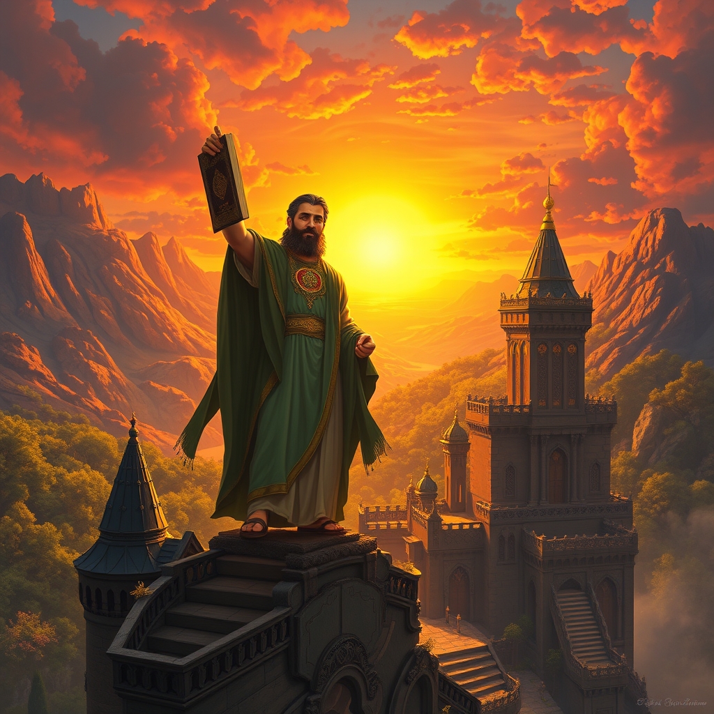 ابولقاسم فردوسی که در دستش کتاب شاهنامه است بر بالای قلعه ای با شکوه که در پشت قلعه خورشید و جنگلی زیبا قرار دارد
7