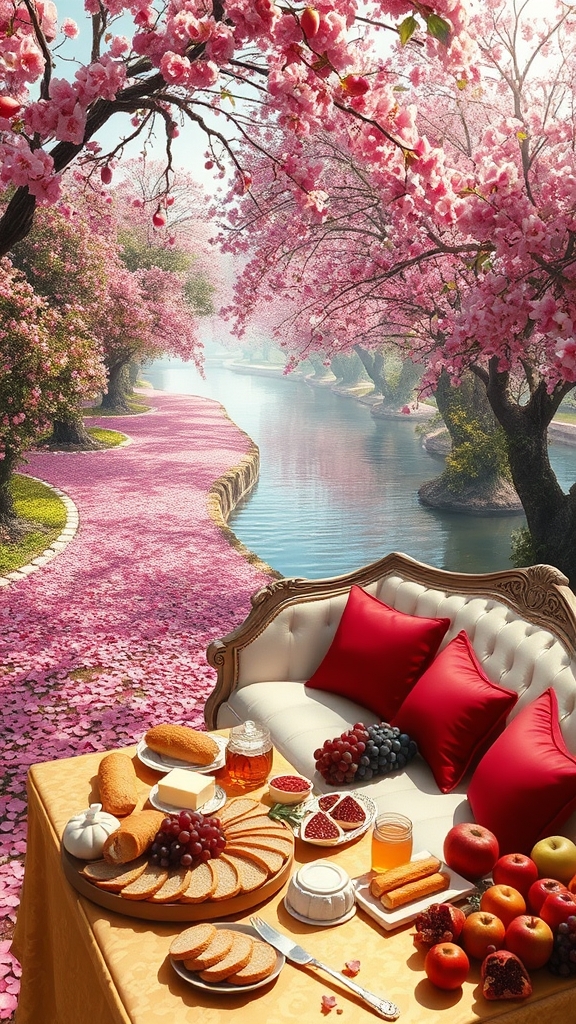 صبحی دل انگیز بهاری روشن 
باغی افسانه ای با تونل افراشته از بوته های گل 
و درختان پرشکوفه سیب و انار و پوشش انبوه گلهای رز اطلسی لی لی یم شب بو 
آبشاری و رودی جاری ست 
پایین رودخانه 
کاناپه دراز ال مانند سفید طلایی با کوسن های قرمز 
و میز طلا پر نان کره خامه عسل مربا حلوا باقلوا شیر خوشه انگور سیب انار4