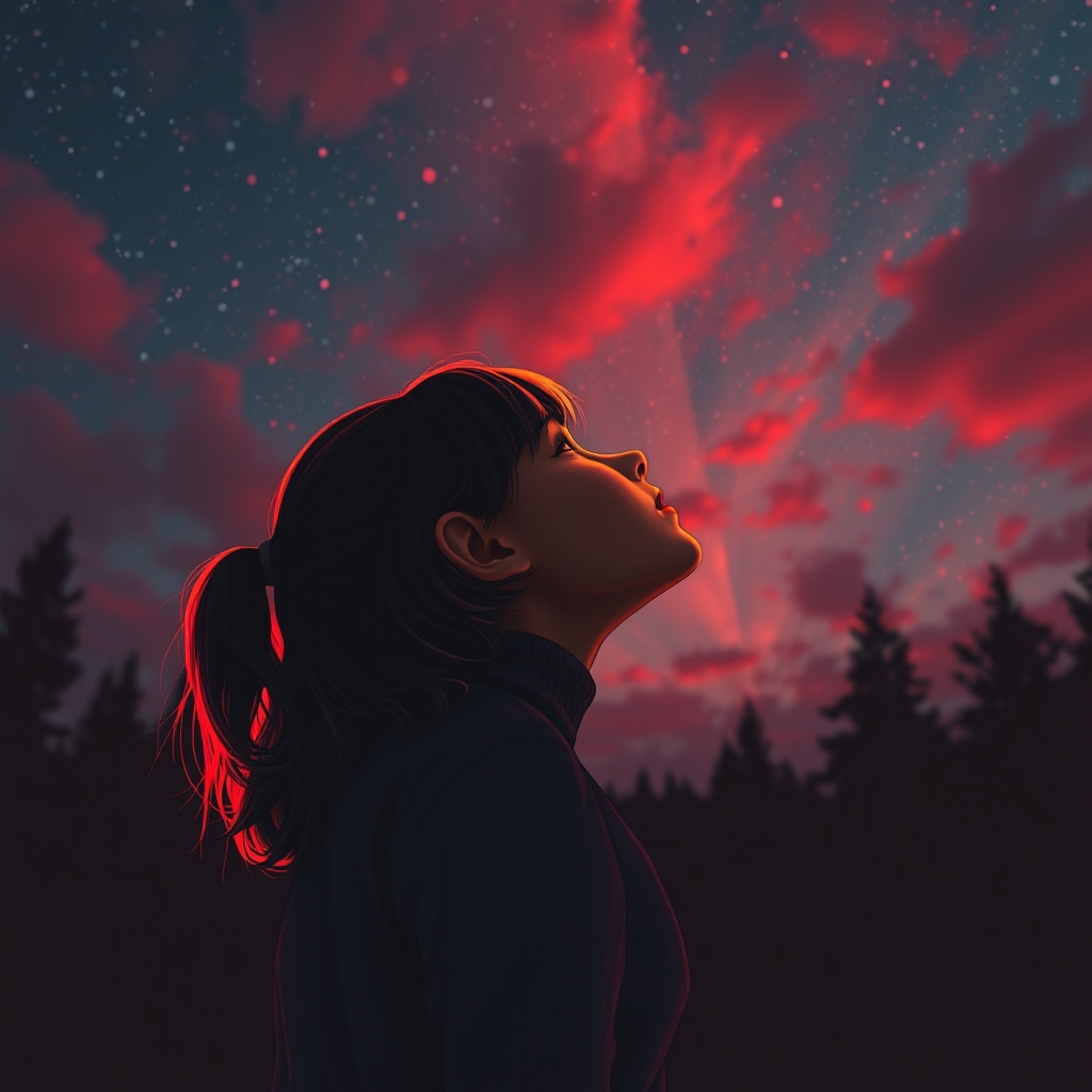 عکس دختری رو درست کن که رو به آسمان در حال تماشا کردن سرخی آسمان است9
