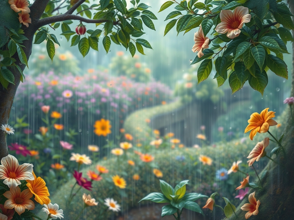 باران که در طبیعت زیبا و سرسبز و گل های رنگارنگ و قطره های باران برو ی گل ها و برگ های درختان و بوی خاک خیس خورده زیبایی اینجا را دو چندان کرده است به سبک پست امپرسیونیسم 2