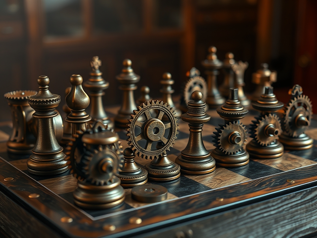 یک صفحه شطرنج به سبک استیم‌پانک با مهره‌هایی به شکل چرخ‌دنده‌ها.23