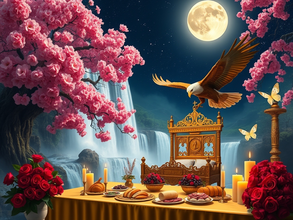 درخت پر شکوفه صورتی سیب بزرگ و پهناور بالای یک آبشار بزرگ با رودهای جاری اطرافش
پایین آبشار زیر سایه شکوفه های صورتی درخت سیب
یک تخت خواب سلطنتی طلایی بلند و قرون وسطایی گذاشته شده و یک عقاب بزرگ با پرهای آتشین در حال پرواز در شب درخشان پر ستاره با مهتاب درخشان و پروانه های درخشان
یک میز دراز زرین پر شده با گل سرخ و شمع ها
نان کره عسل مرغ بریان خوشه انگور باقلوا نزدیک تخت گذاشته شده 20