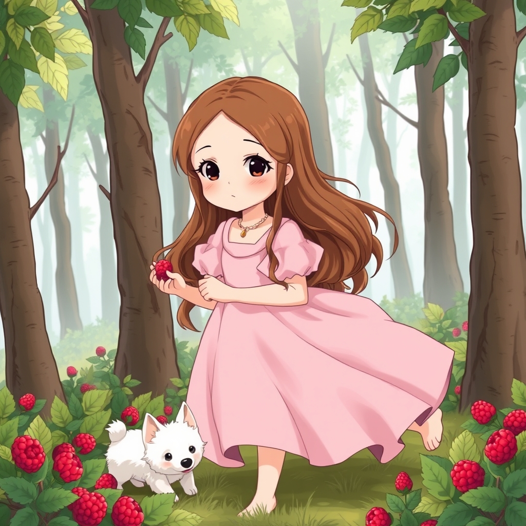 دختری ۸ ساله با سبد دنبالش سگ پشمالویی سفید کوچک دختر با موهای بلند قهوه ای  پیراهن پف دار  صورتی اشرافی در حال چیدن تمشک در جنگل10