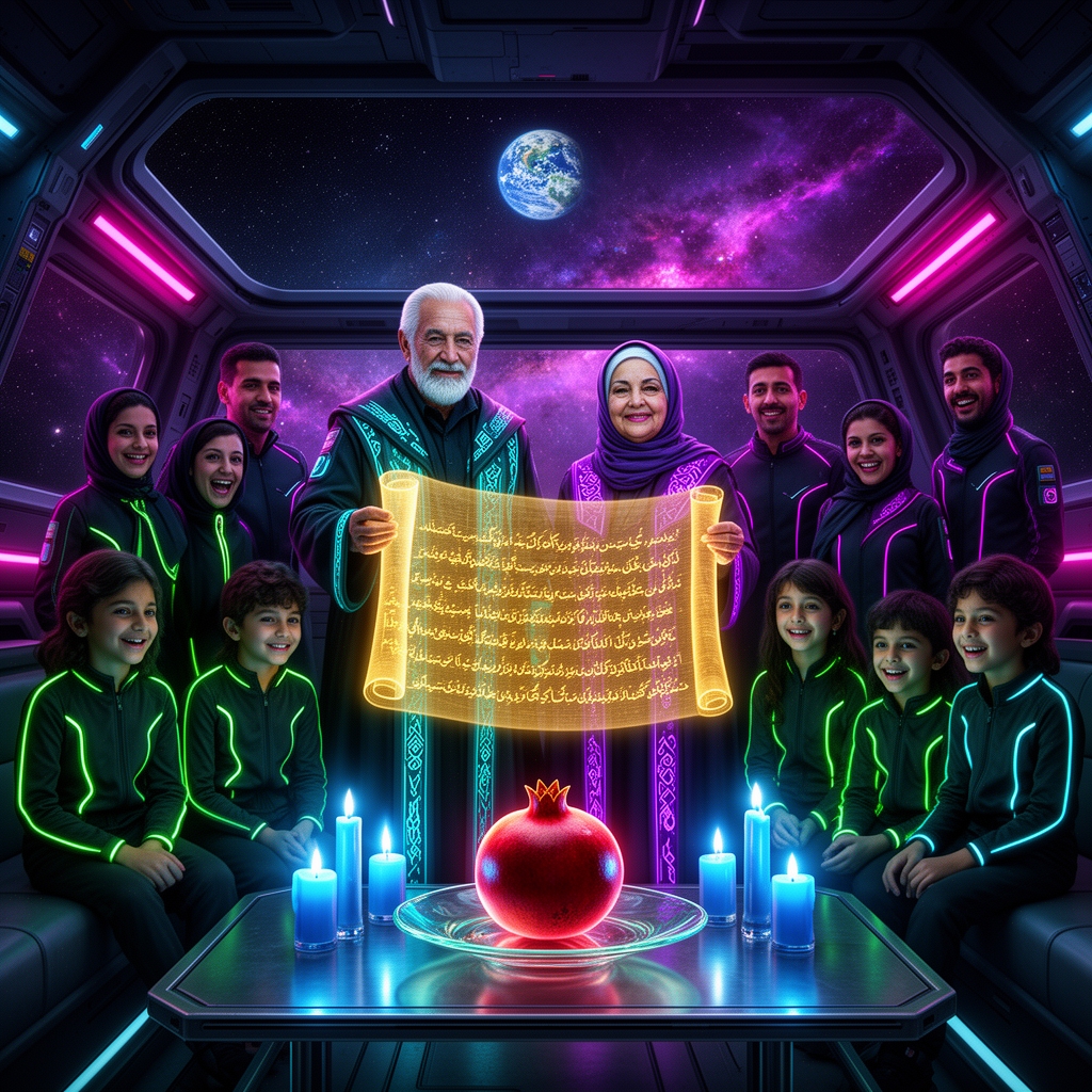 پدربزرگ و مادربزرگی در فضا هستند و دختر و پسره هایشان ر دور و برشان هستند و نوههایشان هم دور و برشان هستند و شب یلدا هم هست و در سفینه هم هستند و دارم یلدا را جشن میگیرد و پدربزرگ دارد شعر های حافظ را میخواند15