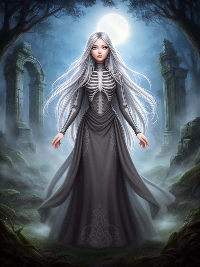 دختری بسیار بسیار زیبا موهانی نقره ای چشمانی برنگ خاصت ترین طوسی لباس که سر اسکلت روی ان است17