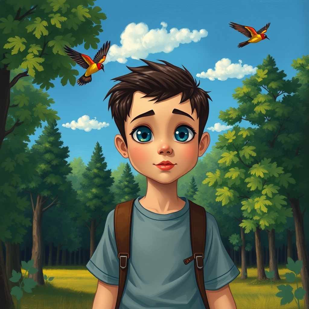 پسری زیبا با چشمانی درشت یه رنگ ابی  و موهای  قهوه‌ای تیره و لبی همچون گل قرمز و بینی عروسکی که لباس استایل روزانه بر تن دارد که در  جنگل سرسبز   قدم میزند و آسمان ابی و چند ابر کوچک هم در اسمان وجود دارد و دو پرنده ی رنگارنگ  در اسمان پرواز میکند به سبک پست ونکوگ 20