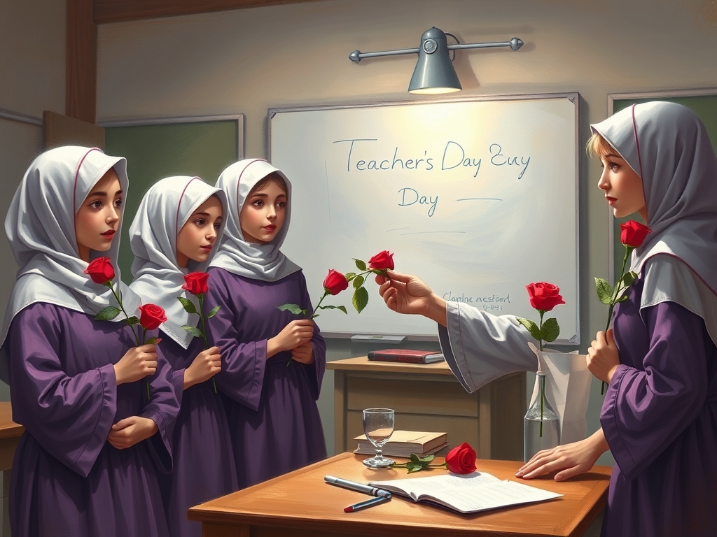 نقاشی روز معلم واشنگتن گرفتن توسط دانش آموزان دختر با مانتو بنفش ومقنعه سفیدها تصویر میز وایمکس وتخته سیاه وهر دانش آموز یک شاخه گل رز در دست داشته باشد 14