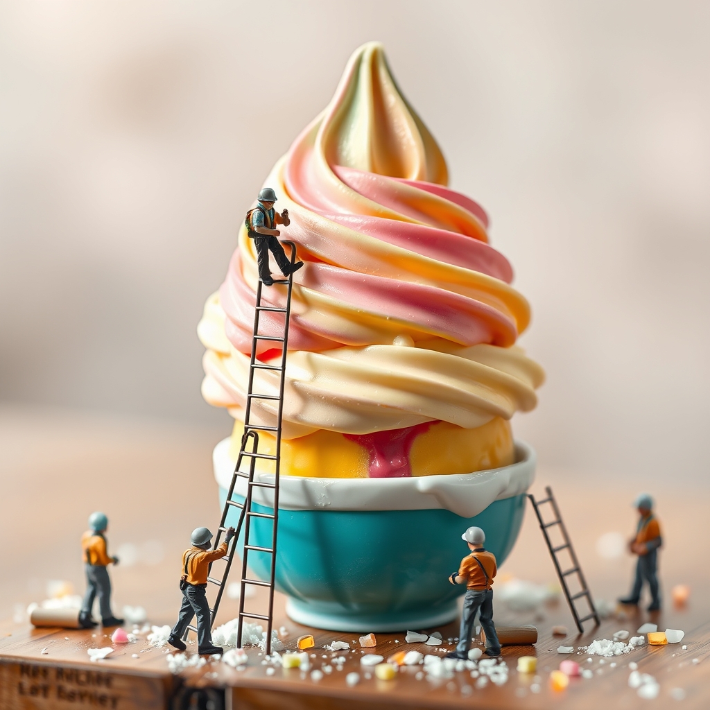 بستنی چند رنگ که اطراف آن کارگر ها ی کوچک در حال ساخت آن هستند کارگر های مینیاتوری نردبان گذاشته آمد و از آن بالا رفتند تا بستنی را درست کنند ،واقعی14