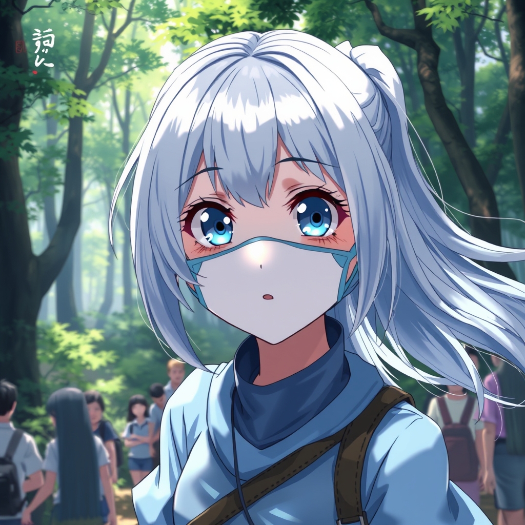 یک دختر خیلی خوشگل با لبای گوشتی اویزون قرمز که چشم های درشت ابی دارد و باد موهای سفید ابی اش را روس صورتش پهن کرده روی صورتش ماسک دارد و لباس های ست ابی کم رنگ در جنگل و کلی جمیعت5