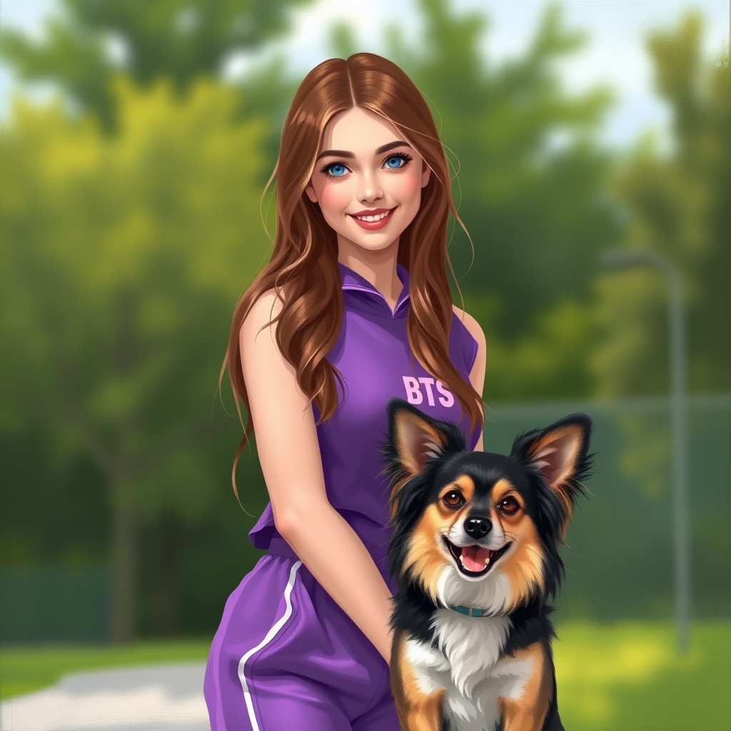 یک دختر با موهای موج دار قهوه ای و بلند 
 و چشمان آبی و لباس بنفش اسپرت به همراه آرم بی تی اس روی لباسش و یک سگ کوچک قهوب ای و مشکی⚽️🎳🥋5