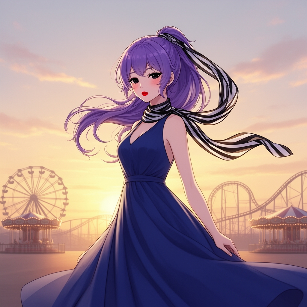 زنی جوان و زیبا،با مو های موج دار بنفش بادمجانی که آنها را دم اسبی بسته،پوست سفید،صورتی گرو و زیبا با گونه های قرمز،چشم های کشیده ی سیاه با مژه های بلند،او رژلب قرمز زده و پیراهن بلندی و زیبایی به رنگ آبی سیر پوشیده و تلی زیبا هماهنگ با پیراهن زیبایش به مو هایش زده سیاه و سفید در غروب آفتاب🌅🌅🌆🎡🎡🎠🎢🎢🎪🎪🎪🌬🌗🌈🌈🌈🌈🌈🌈🌈🌈👩🏻🦰1