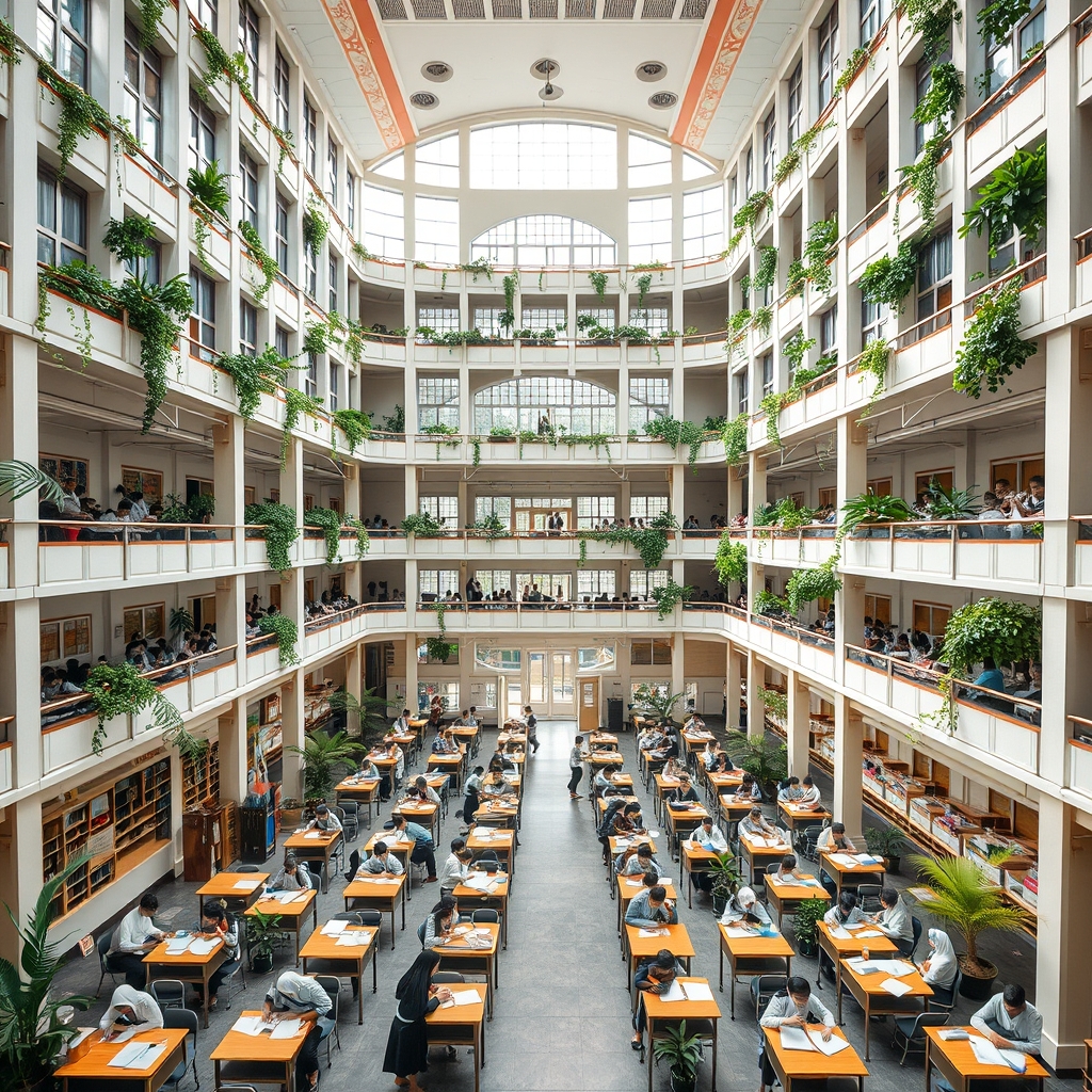 عکس داخل یک مدرسه اسلامی دخترانه بزرگ و شلوغ و زیبا چند طبقه و هر طبقه کلاس های زیادی دارد و کلاس ها رو به داخل پنحره دارند و در های تو در تو دارند و گیاه های سرسبز هم در ساختمان وجود دارد و بچه ها در کلاس ها در حال درس خواندن هستند10