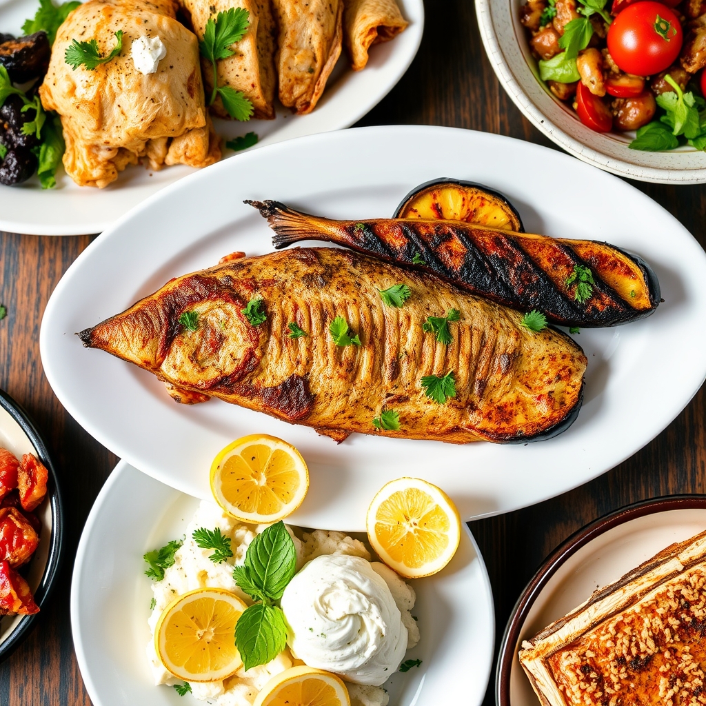 غذای مرغ شکم پور و ماهی کبابی و بادمجان سرخ شده و یک دسر خوشمزه 8