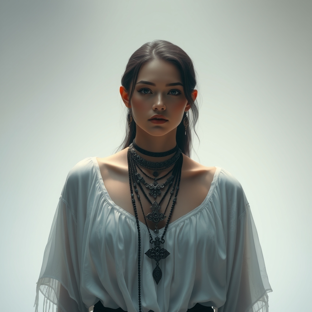 The image shows a person wearing a white top and multiple necklaces, standing against a plain background.21