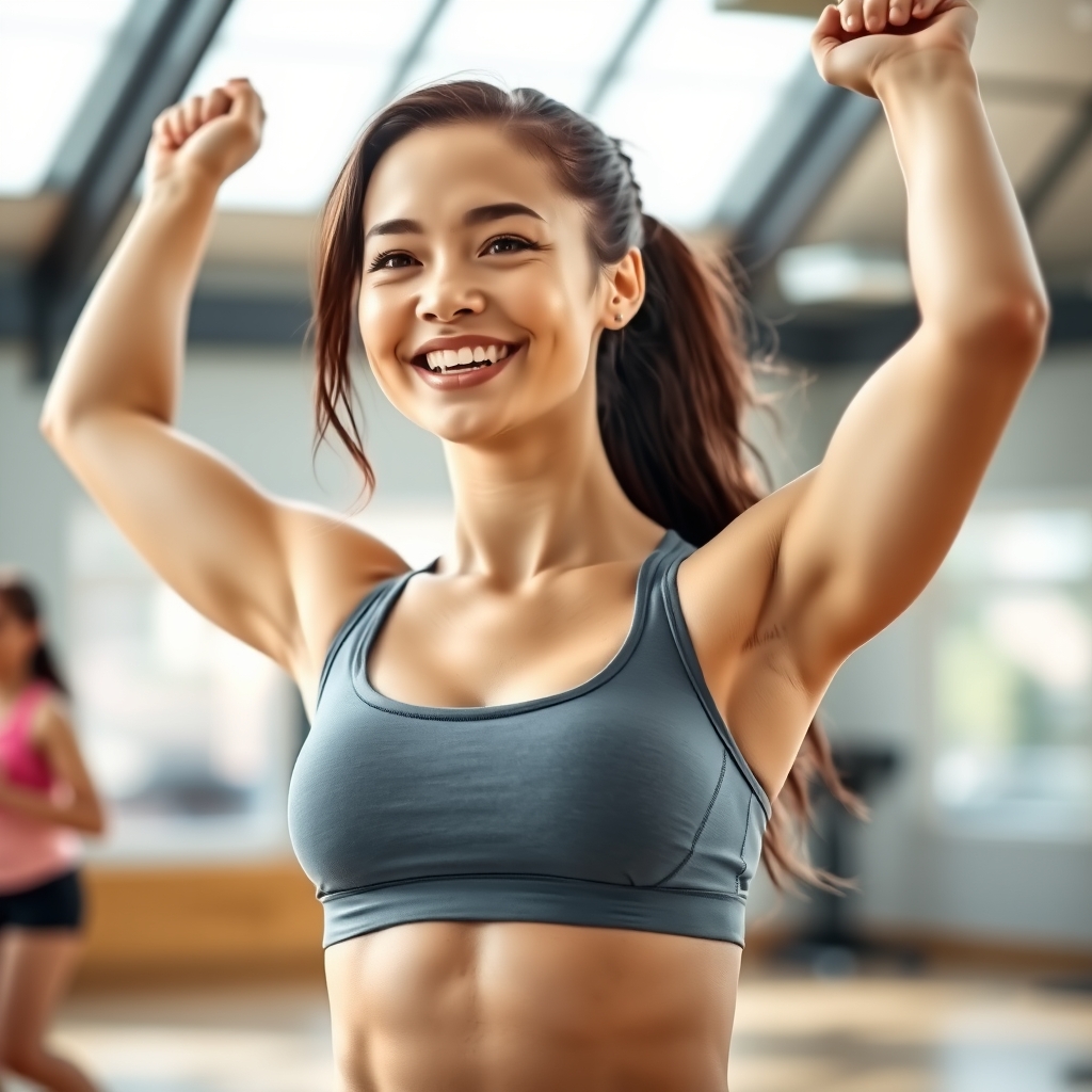 یک خانم جذاب ورزشکار که دستانش را کامل برده بالا و ورزش میکند و رکابی و شلوارک در تن دارد6