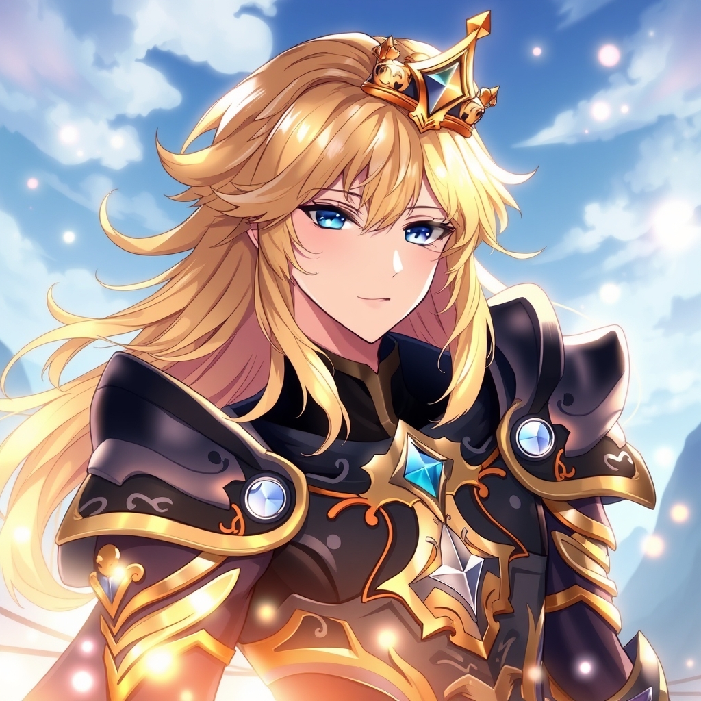 مرد جوان با موهای طلایی رنگ براق اکلیری حالت دار موجدار وبا چشمانی آبی رنگ کریستالی ولباس سلطنتی مشکی طلایی اکلیری رویایی برتن داشته باشد و تاجی از طلا بر سر رویایی تر از رویایی12