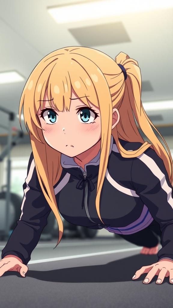 دختری عصبی با صورتی خسته و موهای بلند و طلایی با لباسی اندامی در حال پلانک زدن در باشگاه.12