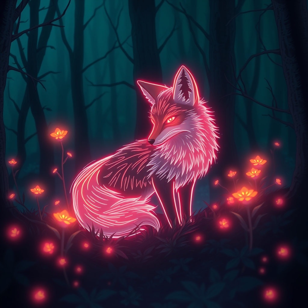 یک روباه نئونی درخشان در جنگلی تاریک، احاطه‌شده توسط گیاهان شب‌تاب.4