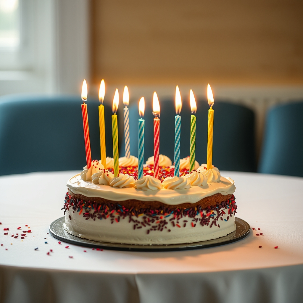 یک میز با کیک تولد و چند شمع روی آن1