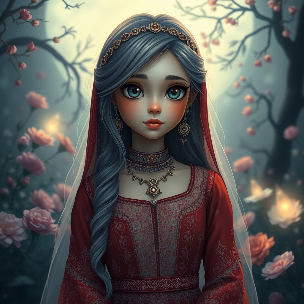 یک دختری باچشمایی درشت مشکی و موهای بلند خاکستری لب های گوشتی قرمز و گونه های صورتی که لباش عروس پوشیده و شب عروسیشه 21