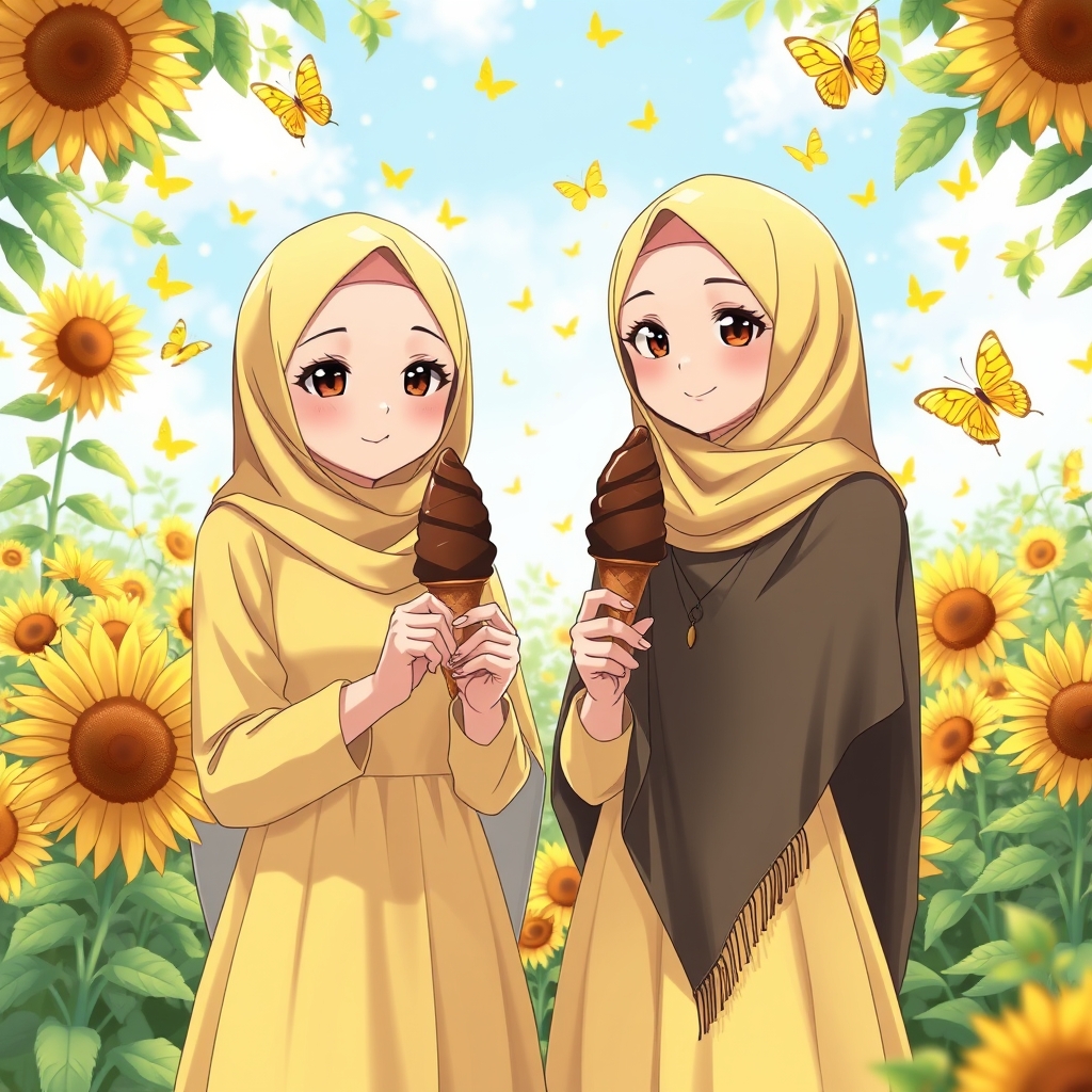 دو دختر محجبه سفید پوست در باغی سرسبز و زیبا با گل های آفتابگردان و پروانه های زرد، با لباس مهمانی زرد و روسری سفید بستنی قیفی شکلاتی در دست دارند و خوشحال هستند . 2