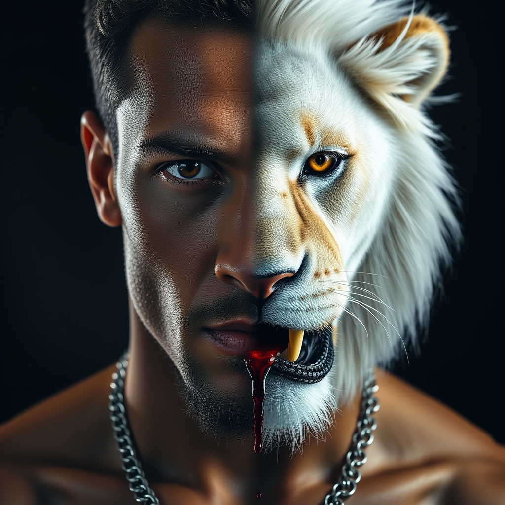 عکس یک مردی که یک طرف صورتش انسان و طرف دیگر شیرسفید است و صورتش زیبا و پر ابهت و با شکوه است از دهانش خون می چکد و گردنبند M بر گردنش است که نقره ی است و
17