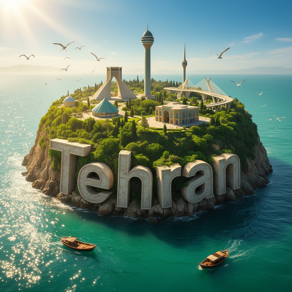 یک پوستر فوق‌العاده با کیفیت Ultra-HD و فوق‌واقع‌گرایانه با نسبت ۱:۱ از یک «تهران» به شکل جزیره‌ای مینیاتوری خلق کنید که نام «Tehran» را نمایش می‌دهد و شامل نمادها و بناهای شاخص باشد. حروف سه‌بعدی «Tehran» باید به‌صورت طبیعی با بافت زمین ترکیب شوند؛ گویی در دل صخره‌ها تراشیده شده‌اند یا توسط خط ساحلی شکل گرفته‌اند. صحنه در یک روز آفتابی و روشن با رنگ‌های زنده، نورپردازی سینمایی و جزئیات کاملاً فوتورئالیستی (پرتوهای خورشید، پوشش گیاهی سرسبز، آب آبیِ عمیق) به تصویر کشیده شود. برای ایجاد مقیاس و شکوه بیشتر، جزئیات هنری مانند مرغان دریایی، قایق‌ها یا نمای هوایی به تصویر اضافه کنید.0