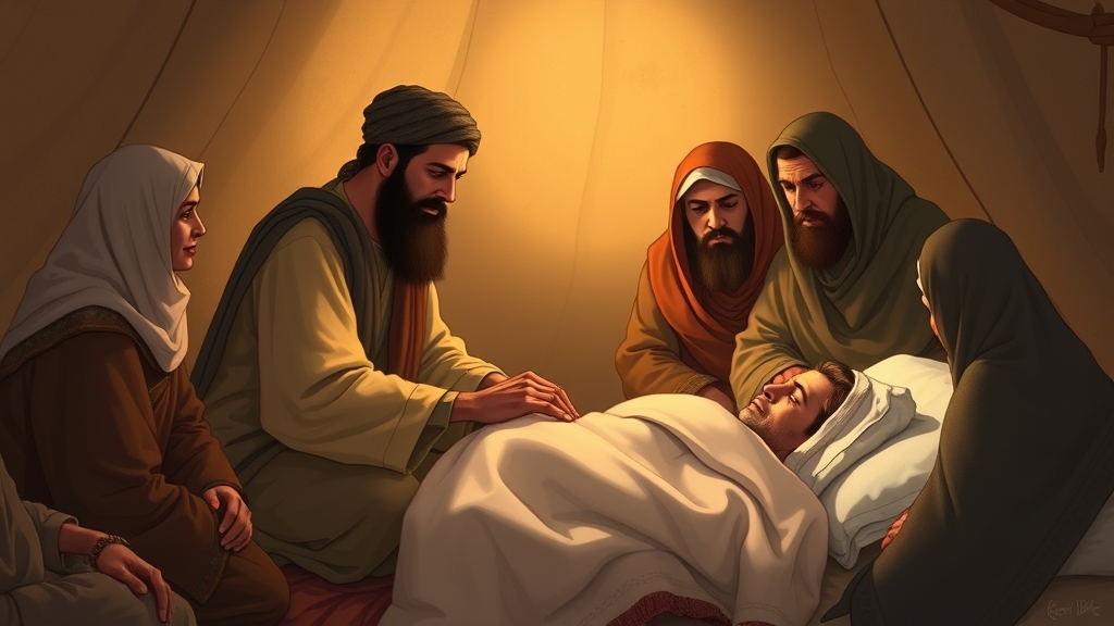 در چادر های کاروان کربلا  امام حسین (ع) در بالین حضرت سجاد (ع) که در بستر بیماری  در کنار دو عمه و بعضی مردان نزدیک خانواده میباشند5