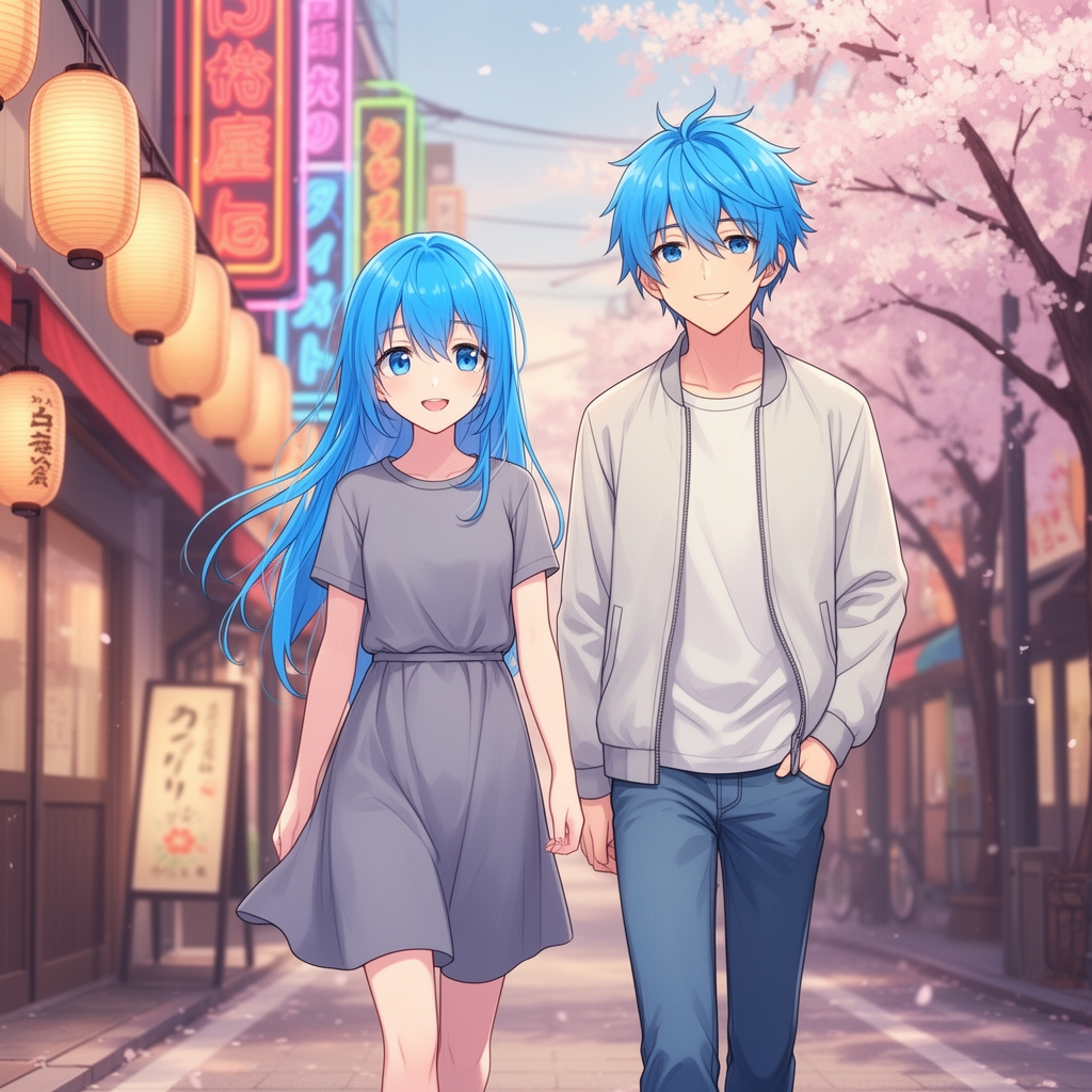 یک دختر ویک پسر نوجوان با موهای آبی در حال قدم زدن در خیابان ژاپن0