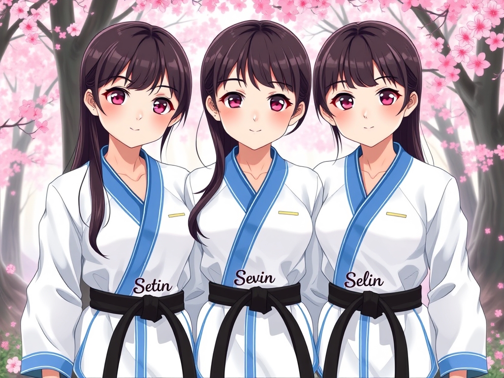 ستین و سوین و سلین سه خواهر سه‌قلو و شبیه هم هستند و تکواندو کار هستند و هر سه لباس سفید تکواندو پوشیده اند و هر سه تاشون شلوار آبی پوشیده اند و کمربندهای مشکی‌شان بر کمرشان بسته شده و موهای بسیار بلند و مشکی‌ دارند و چشمان صورتی‌شان با نوری خاص می‌درخشد و لبخند ملایمی بر لب‌های سرخ‌شان  دارند و با خطوط زیبا روی لباس یکیشون setin و یکیشون sevin و یکیشون selin نوشته شده باشه و پشت سر آنها جنگلی پر از شکوفه های صورتی است 5