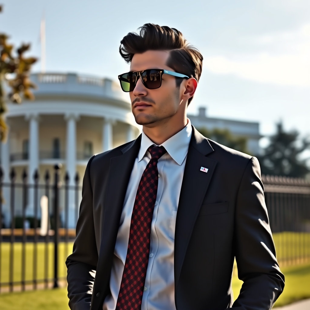 یک مرد خفن با مو های سیاه تیره که زیر آفتاب برق می زند و یک عینک مخصوص دارد که آن هم برق می زند با کت و شلوار و کراوات خفن که دست هایش را در جیبش گذاشته است با ساعت مچی رولکس اصل که دارد از کنار کاخ سفید رد می شود خفن باشه1