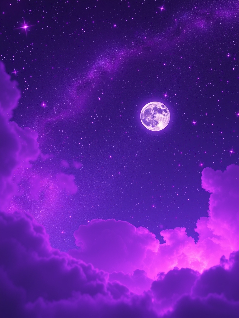 آسمون شب در حالی که به رنگ بنفش درآمده  ستاره‌های بنفش در آسمان در حال درخشیدن هستند و ماه شب ۱۴ در آسمان است همه چیز بنفش شده و حس خوبی میدهد18