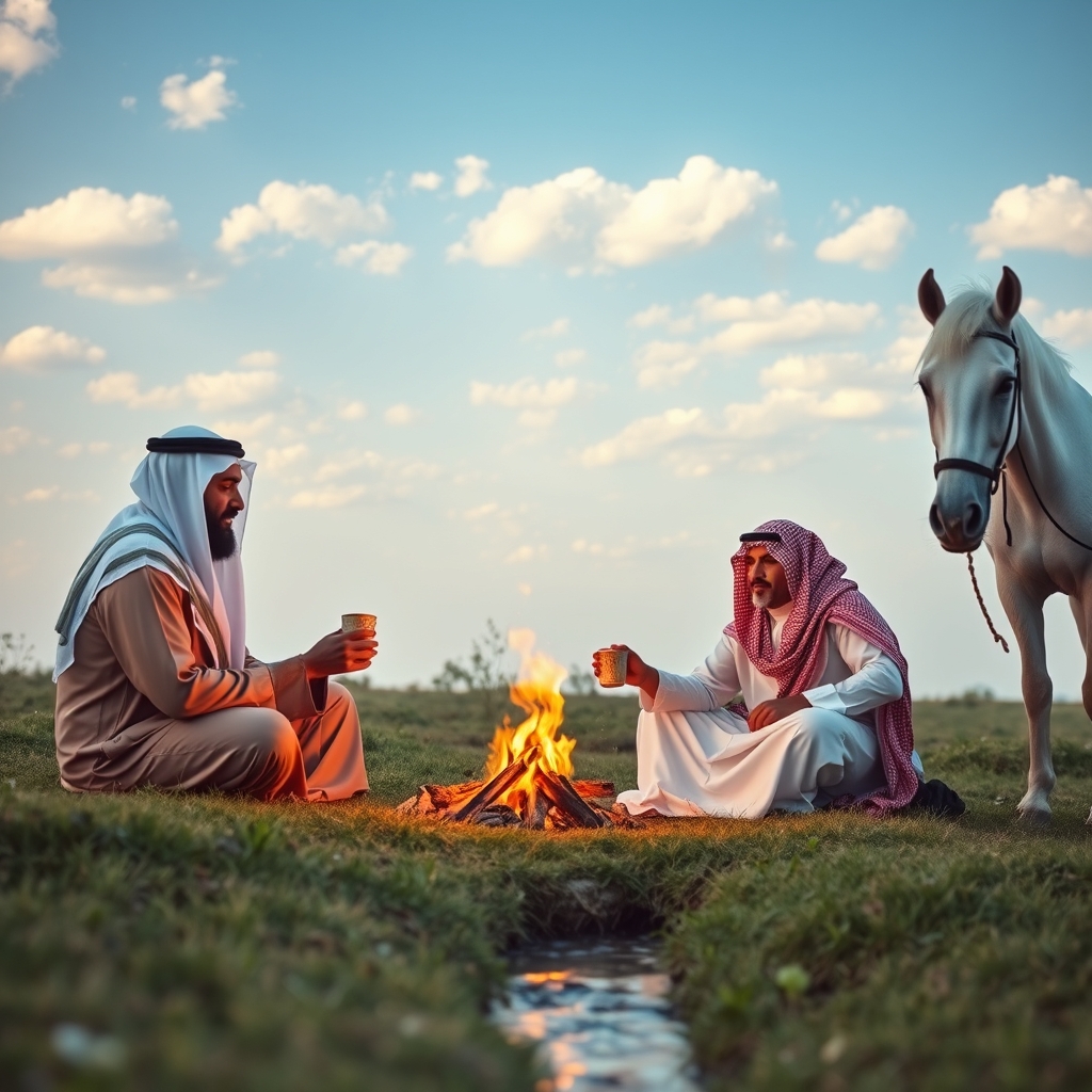 دوتا مردعربستانی نشستن توی چمن اتش روشن کردن ودرحال خوردن قهوه زبا دله عربی هستن اسب سفید سمت راست و اسب قرمز سمت چپ با اسمون ساف و تیکه تیکه ابری سفید جوب اب ازجلوشون رد شده 5