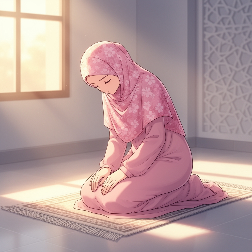 دختر با حجابی که چادر گل گلی صورتی سرش است و داره نماز می خواند2