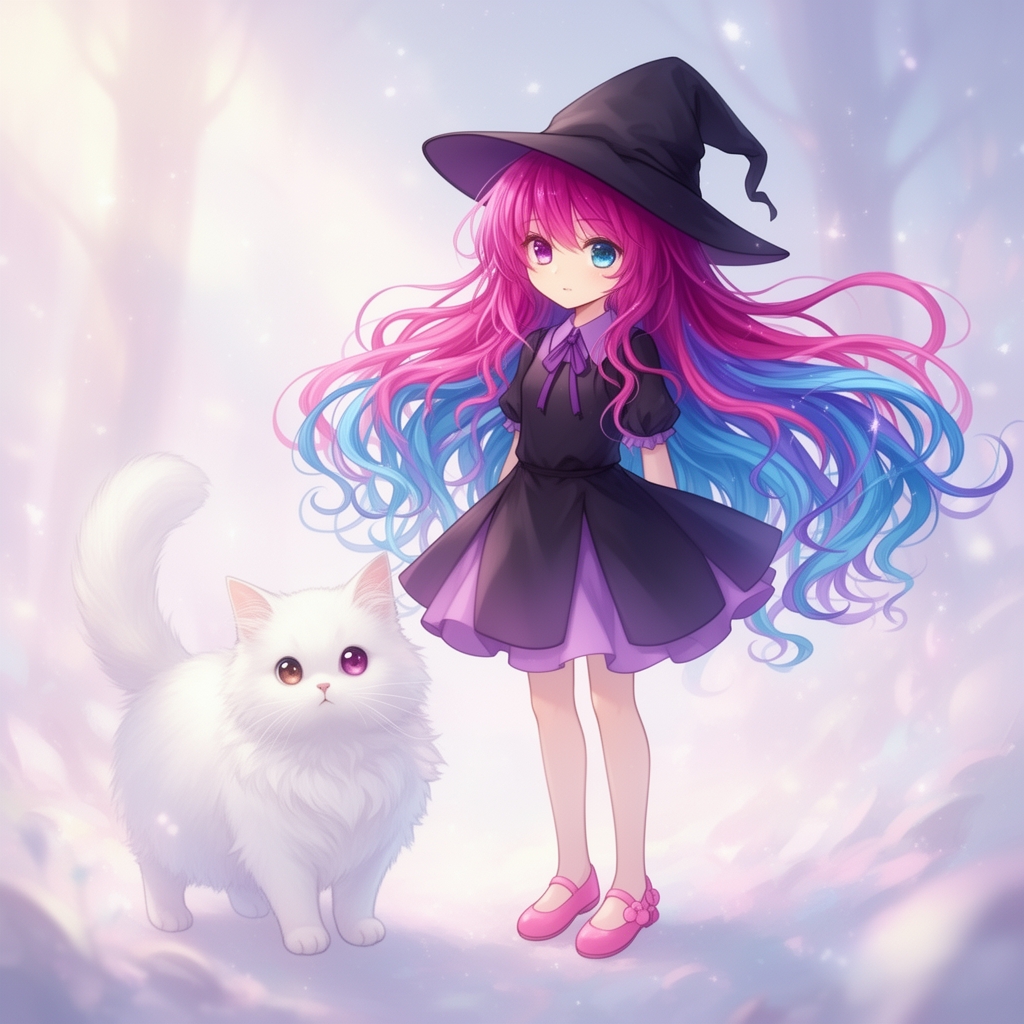 یک عکس رویایی از یک گربه ی سفید رنگ ناز که یک دختر با موهای بلند موج دار شهابی آبی صورتی و بنفش دارد و لباسی با دامن کوتاه سیاه و بنفش و یک کلاه سیاه به شکل کلاه جادوگر ها به سر دارد و کفش ها ی صورتی 2
