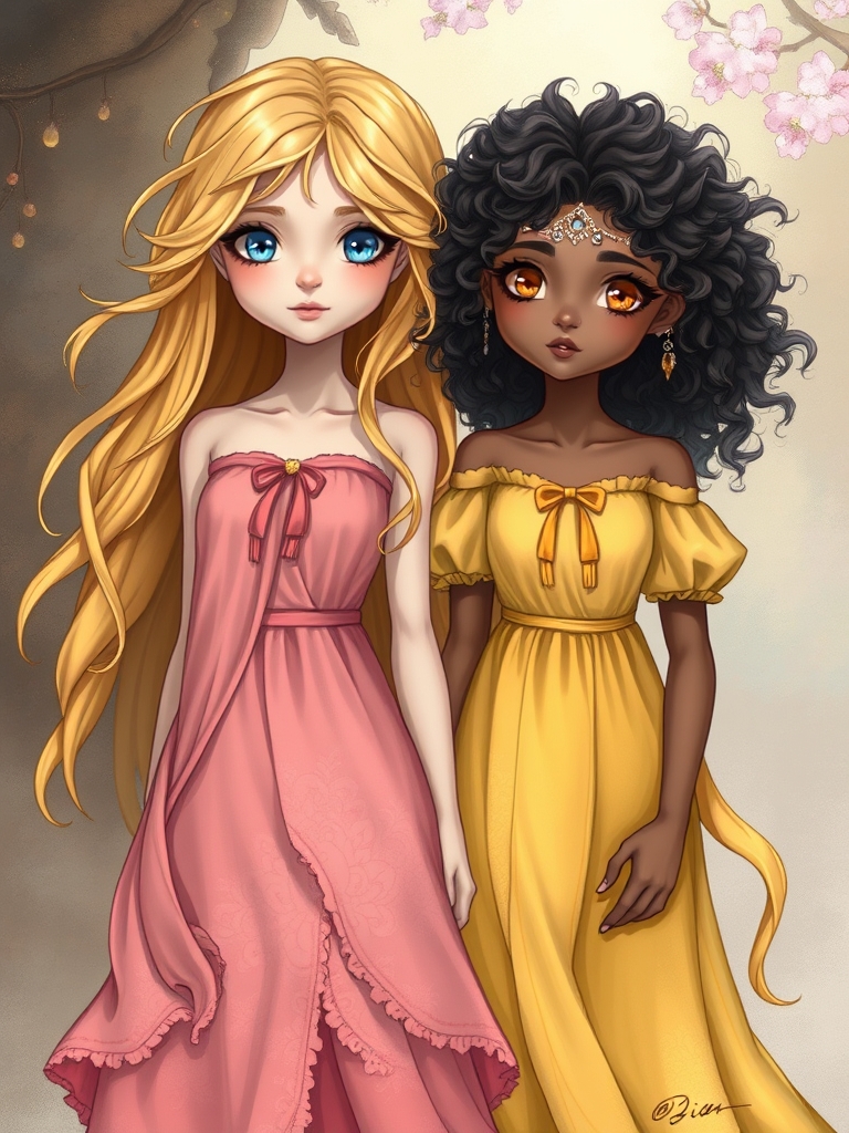 یه دختر مو طلایی با چشمان آبی ولباس صورتی تور توری کناره خواهرش یه دختر مو مشکل فر سیاه چش عسلی لباس زرد21