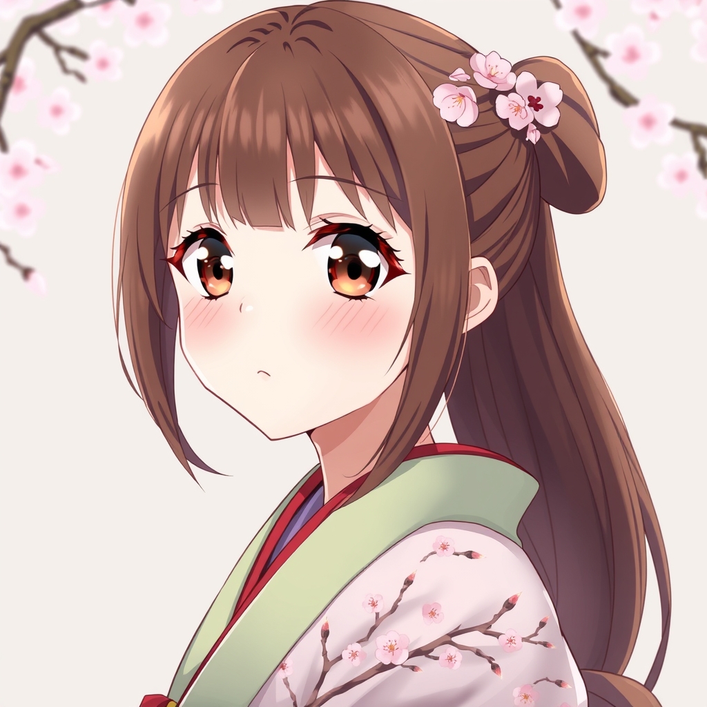 یه دختر مو قهوه ای با چشم های عسلی و مژه های بلند با کیمونو با طرح شکوفه های گیلاس . 19