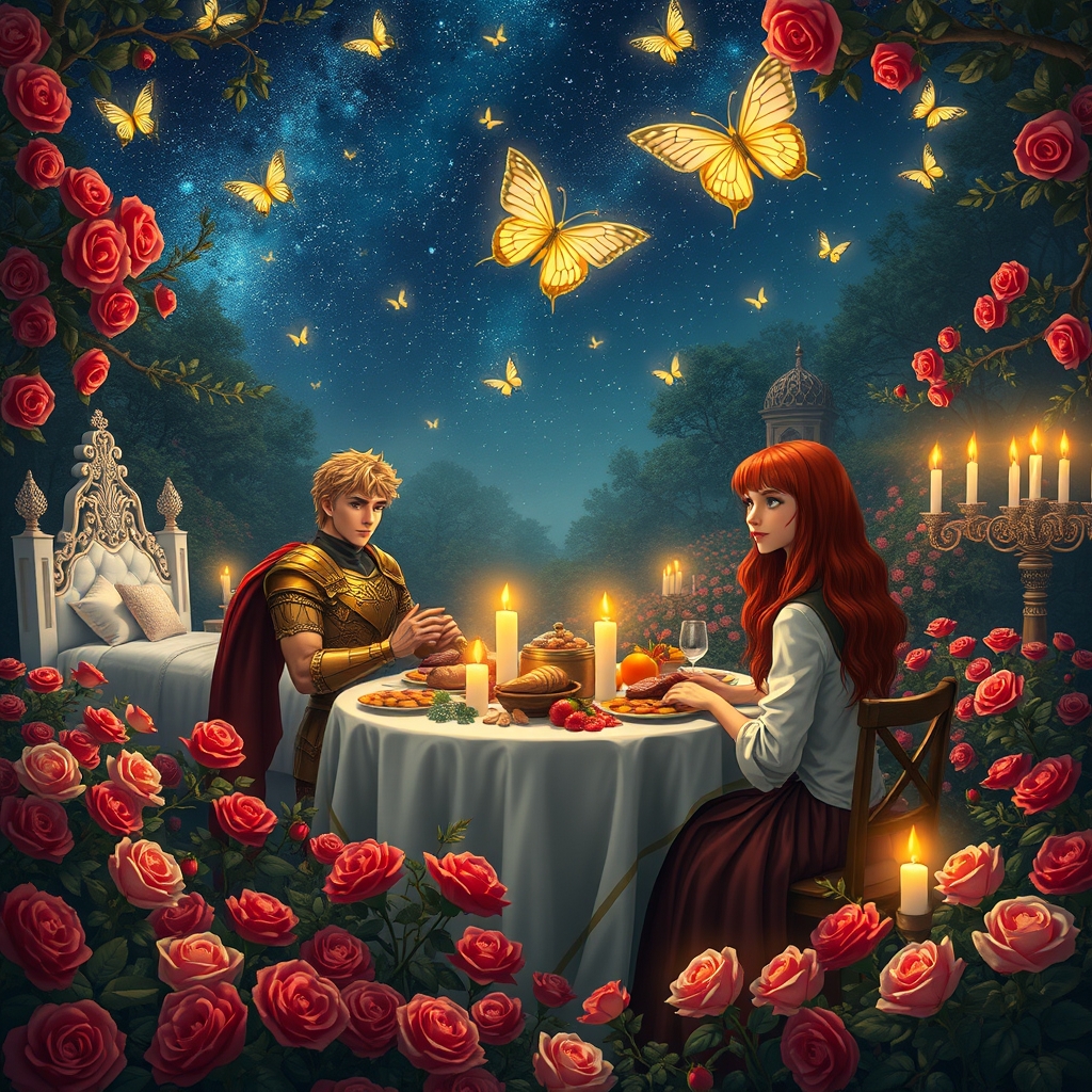 باغ گل سرخ از زمین تا آسمانش بوته های گل سرخ باشد شب پرستاره پروانه هایش درخشان شمع ها زیاد باشد تخت خواب سفید کنار میز مجلل شام پر شده با کباب مرغ گوشت میوه شیرینی پشت میز مرد جنگجوی جوان زیباروی تاتاری نشسته با این ویژگی ها چهارشانه قد بلند قوی هیکل بازوهای عضلانی چشم سبز موطلایی فرفری زره طلا بر تن دارد و ردای قرمز زربفت کنارش دخترک موقرمز سفیدبرفی لاغر در پیرهن سفید2