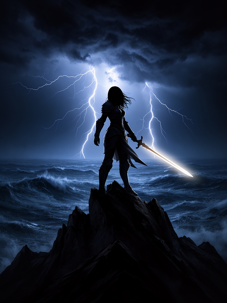 یه دختر جذاب که فقط سایش معلومه  و روی کوه درحالی که رعد و برق میاد و دریا خروشان شده شمشیر میکشه ، نور پردازی و رنگ زمینه تیره و متمایلا ابی باشه 3
