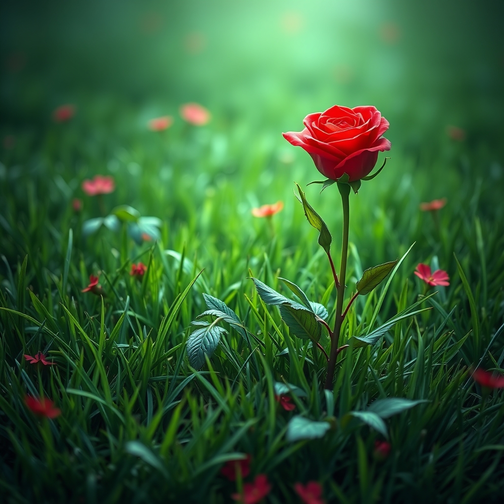 عکس یک گل رز قرمز روی چمن2