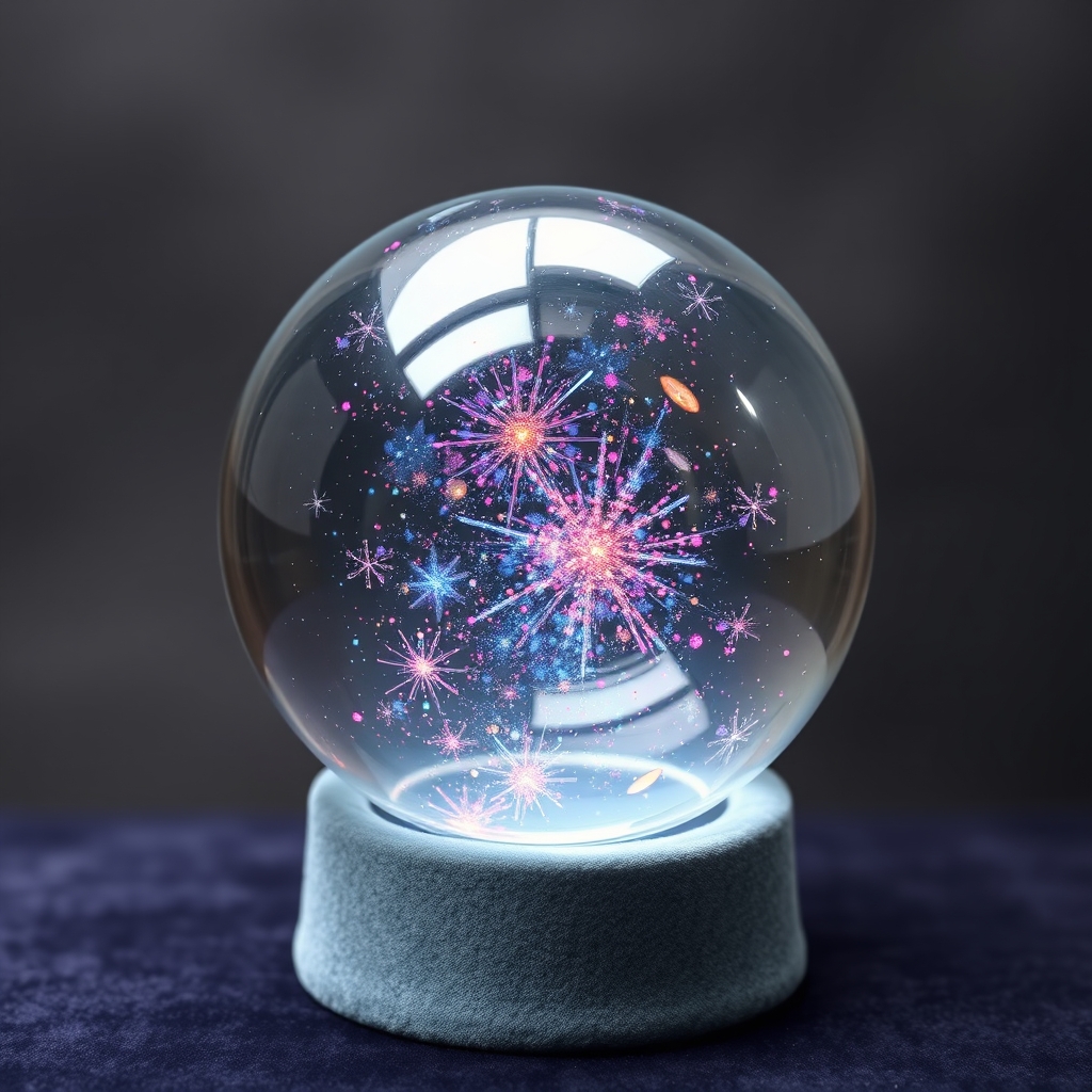 یک کره شیشه‌ای پر از کهکشان‌های چرخان، قرارگرفته روی پایه‌ای مخملی.5