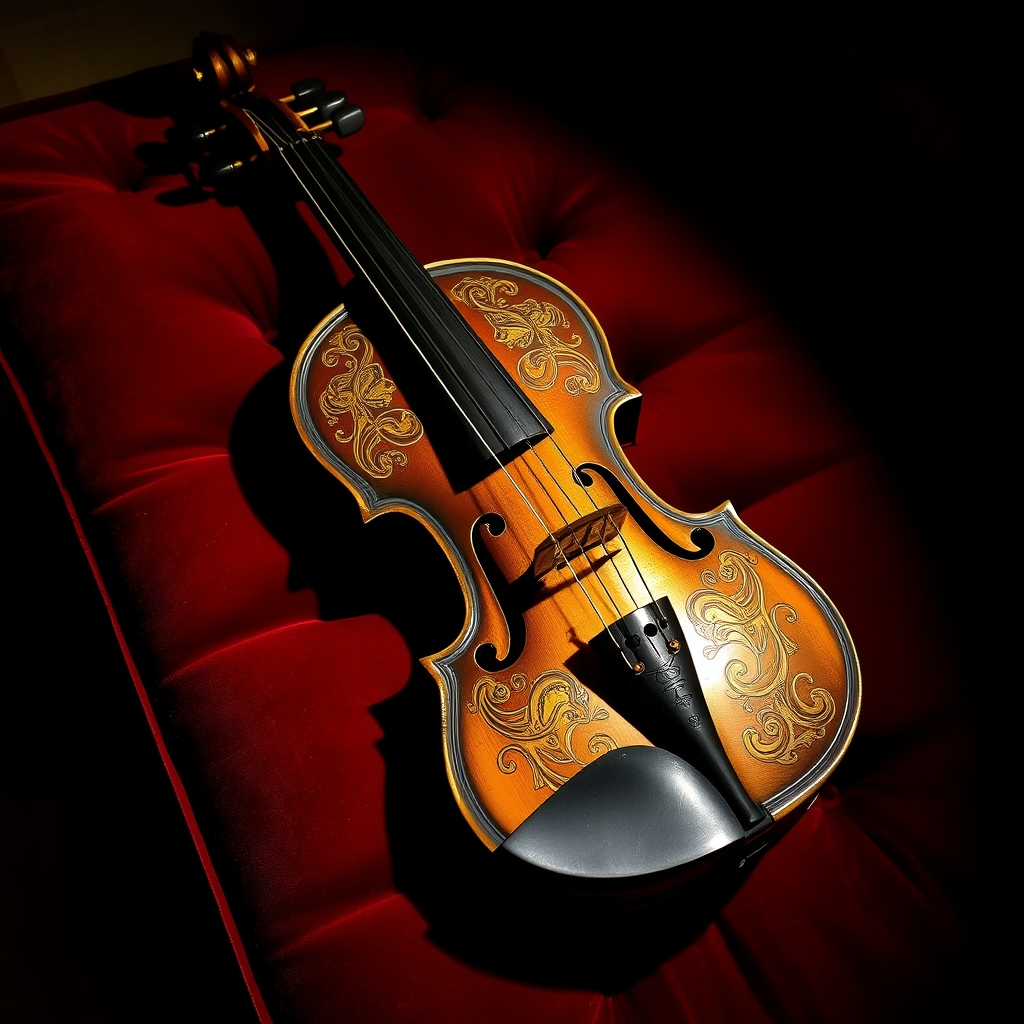 یک ویولن عتیقه با حکاکی‌های طلایی، قرار گرفته روی یک بالشت مخملی زیر نور نرم.6