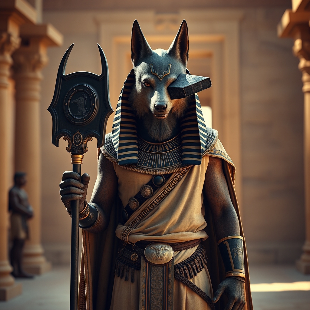 انسانی با سر گرگ 
مصری ایستاده شبیه ب انوبیس با داس مرگ 
0