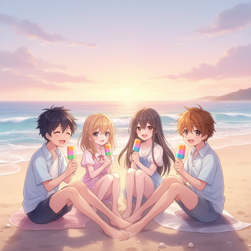 
یک عکس زیبا از دوستانی کنار هم در لب دریا دو تا پسر و دو دختر که یکی از دختر ها موهایش بلند است و همشون دارن بستنی چوبی لب ساحل نشسته و می خورند2