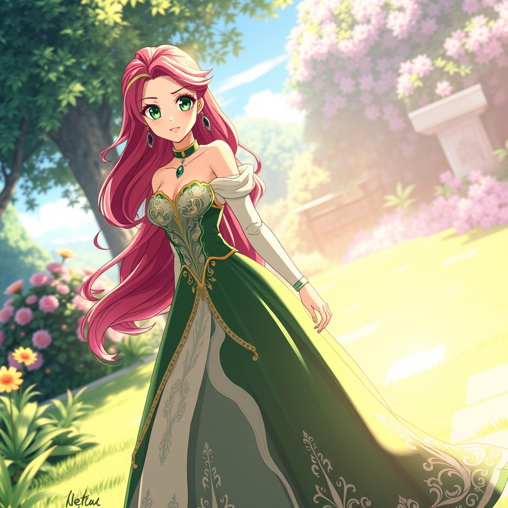 یک پرنسس خیلی خیلی زیبا با موهای سرخابی بلند حالت دار و چشمهای سبز با لب های سرخ. با لباس پرنسسی پر جزئیات سبز و سفید و زرد. در باغ در حال حرکت است. هوای افتابی روز. نور پردازی شده باشه4