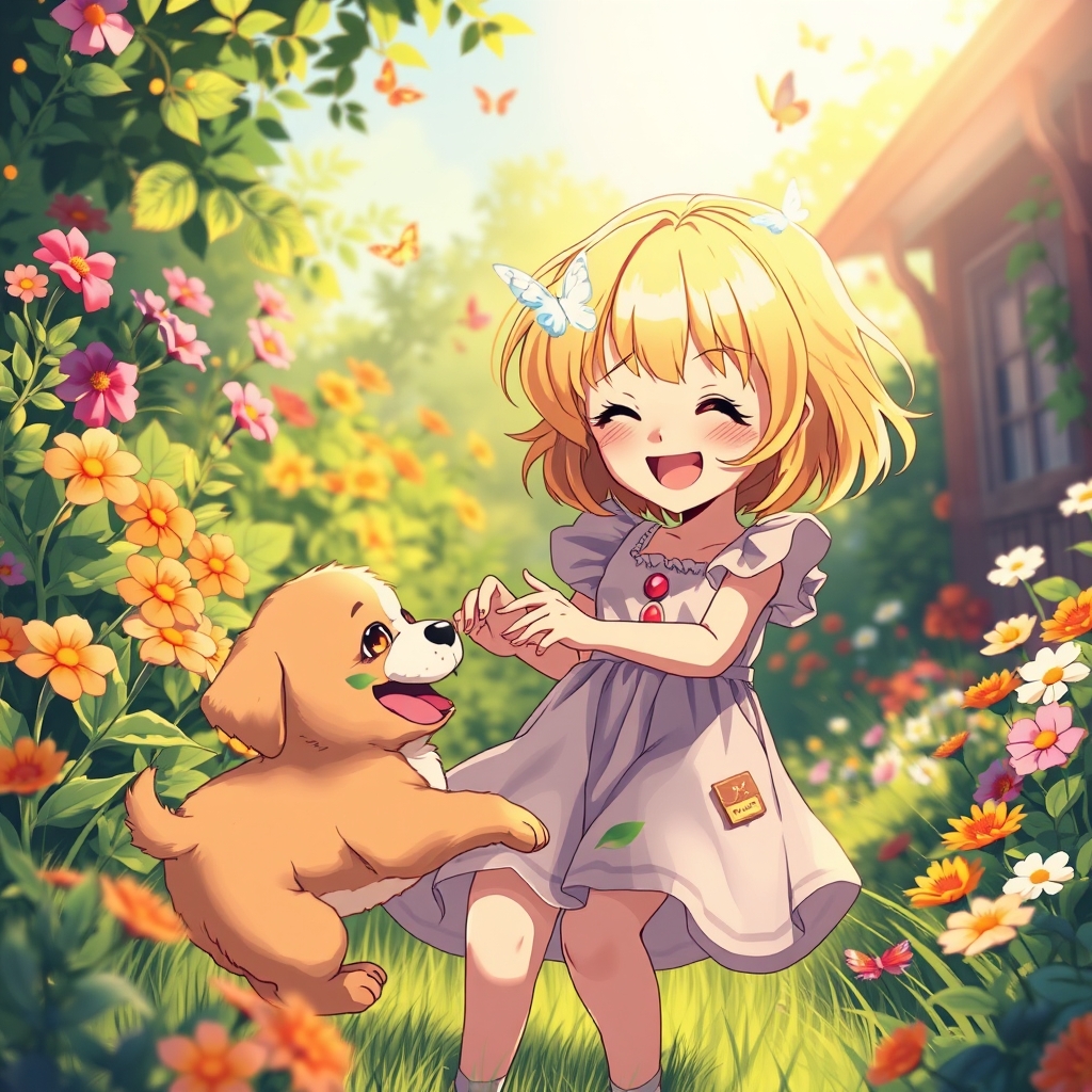 یک نقاشی ایلومیناتیک، پرسونال، the painting illuminate, personal life, colorfully, the cutest and little and beautiful girl in the flowery garden and Dainamic and playing with she's puppy,hair blund 21