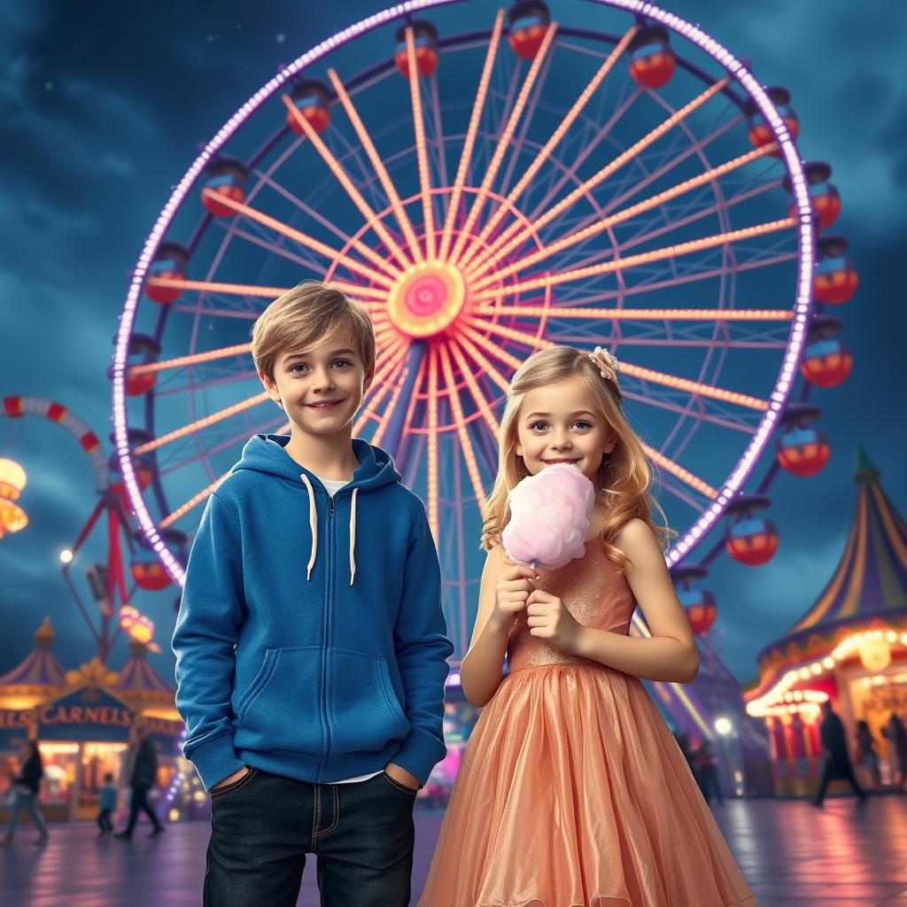 بزرگترین شهربازی دنیا که دختری ۷ ساله با موهای طلایی و چشمانی سبز و پوستی سفید و پیراهنی صورتی طلایی دارد در ان ایستاده و برادر بزرگترش که ۱۸ سال دارد با موهای طلایی و چشمانی آبی و پوست سفید و هودی آبی و شلوار لی سیاه پوشیده کنارش استاده و پشتشان چرخ و فلک بزرگی است و دختر بچه پشمک در دست دارد 1