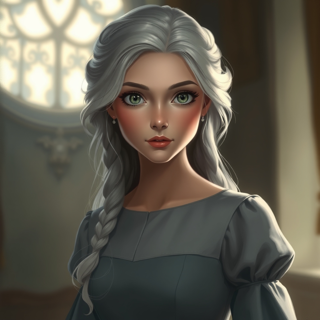 یک پرنسس زیبا مو نقره ای و چشم خاکستری، که در یک اتاق تاریک میدرخشد.و لباسی زیبا دارد سبکزیبایی3